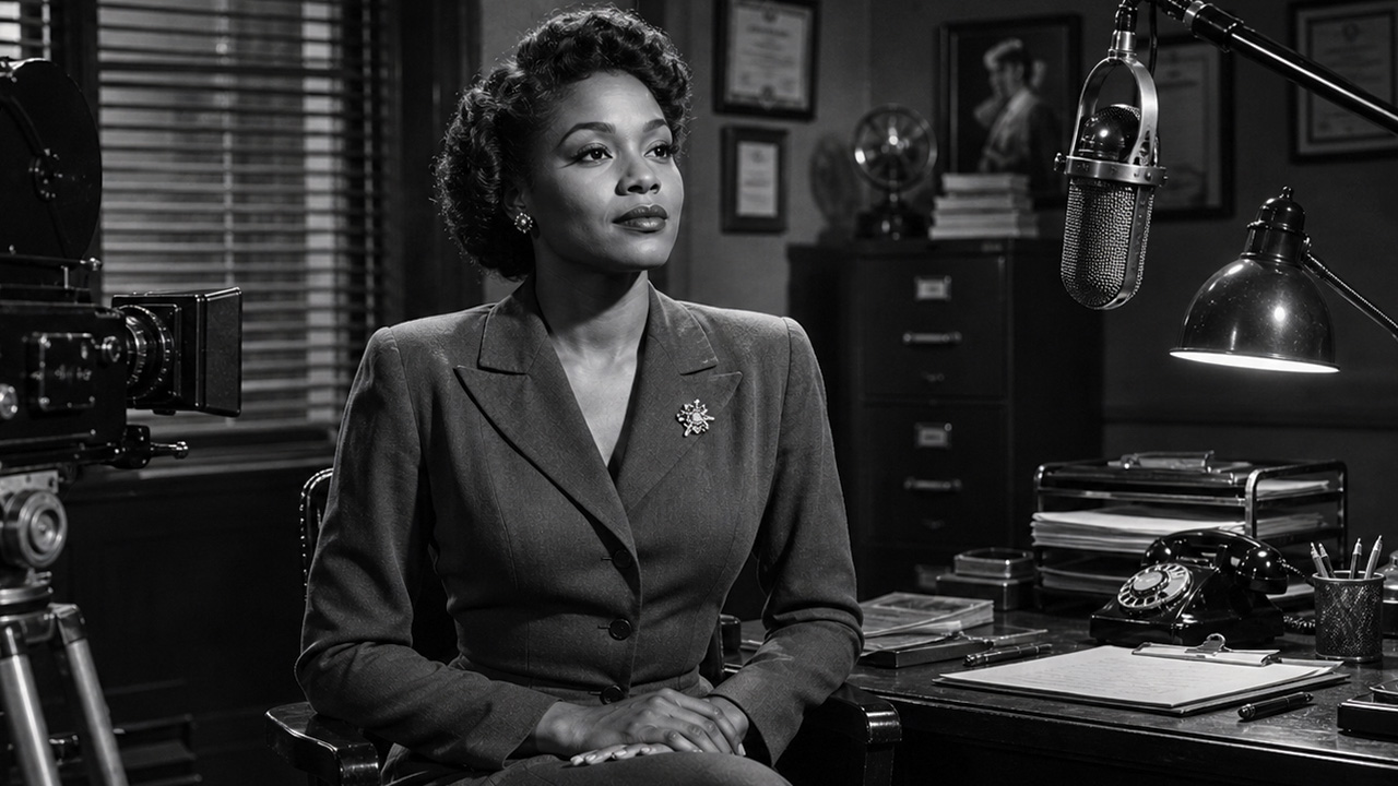 A woman getting interviewed in a vintage office.