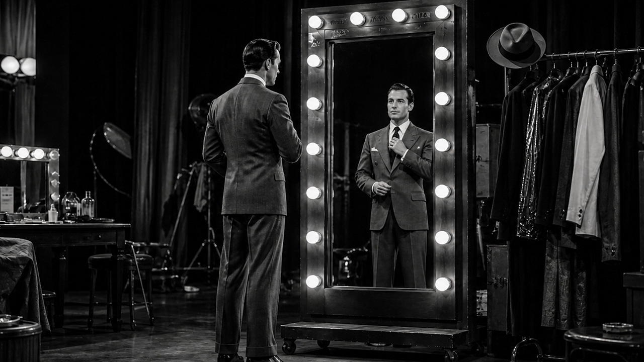Vintage man looking at a mirror adjusting his tie.