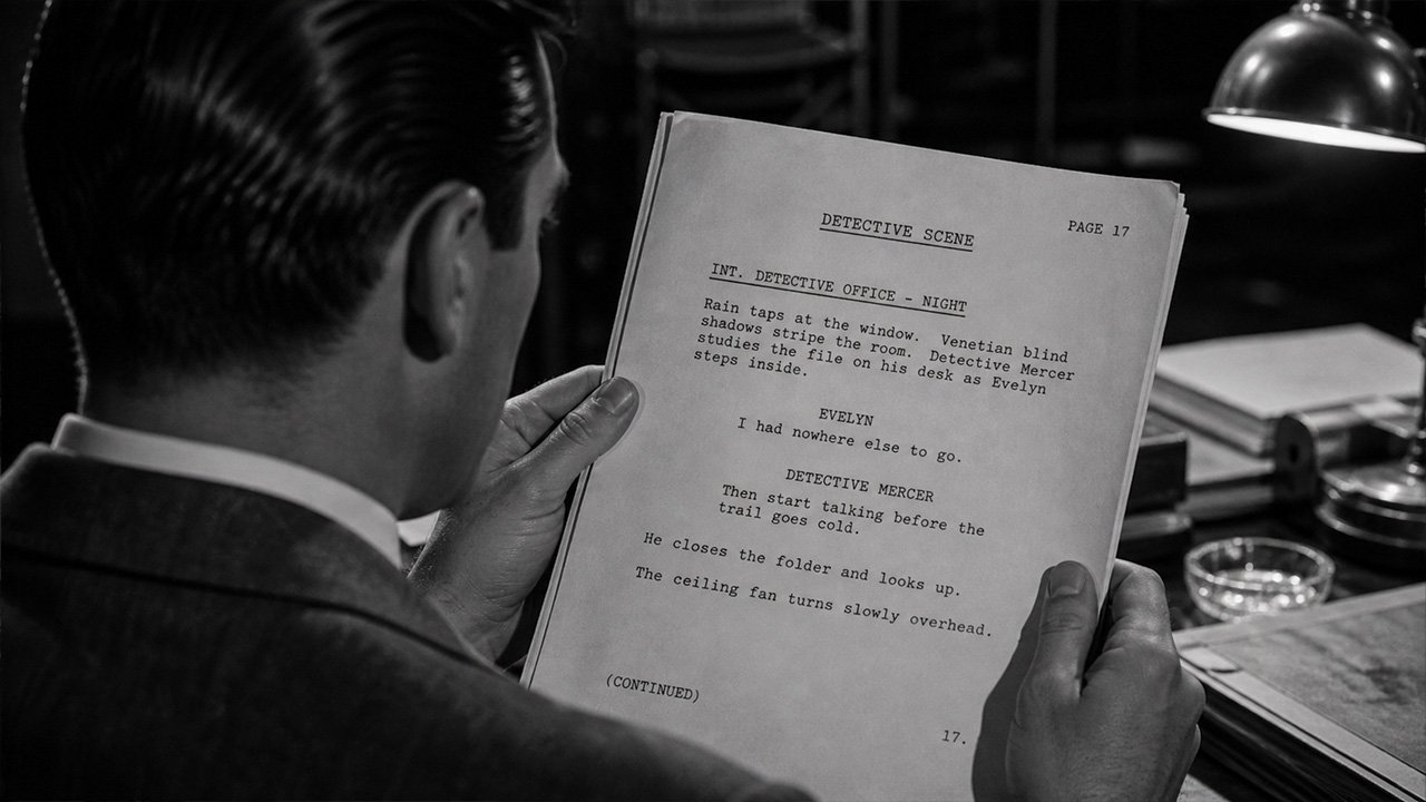 Over the shoulder shot of a man holding a script.